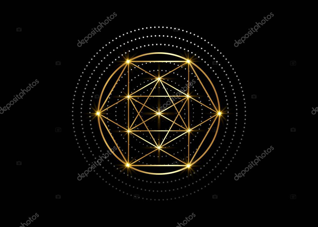 Gold Magic Alchemy symbols, Sacred Geometry. Religion, philosophy, spirituality, occultism concept. Linear triangle with lines and overlapping circles, print vector logo isolated on black background