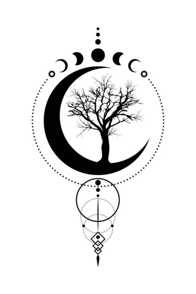 神秘的月亮相 生命之树 神圣的几何图形 三月形 半月形异教徒的巫术女神符号 轮廓邪恶横幅符号 能量圈 白色背景上孤立的Boho风格矢量 — 图库矢量图片
