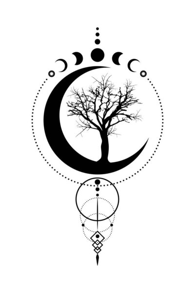 Mystical Moon Phases, tree of life, Sacred geometry. Triple moon, half moon pagan Wiccan goddess symbol, silhouette wicca banner sign, energy circle, boho style vector isolated on white background