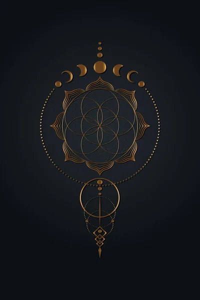 生命的神秘花朵和月亮相 神圣的几何图形 生命的黄金种子异教徒Wiccan女神符号 古老的金色邪恶横幅符号 能量圈 黑色背景上孤立的Boho风格矢量 — 图库矢量图片