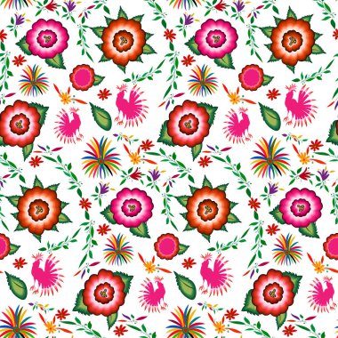 Seamless Mexican floral embroidery pattern, colorful native flowers folk fashion design. Embroidered Traditional Textile Style of Mexico, vector isolated on white background clipart