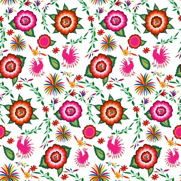Бесшовный Мексиканский Цветочный Узор Вышивки Красочные Местные Цветы Народный Дизайн — стоковый вектор