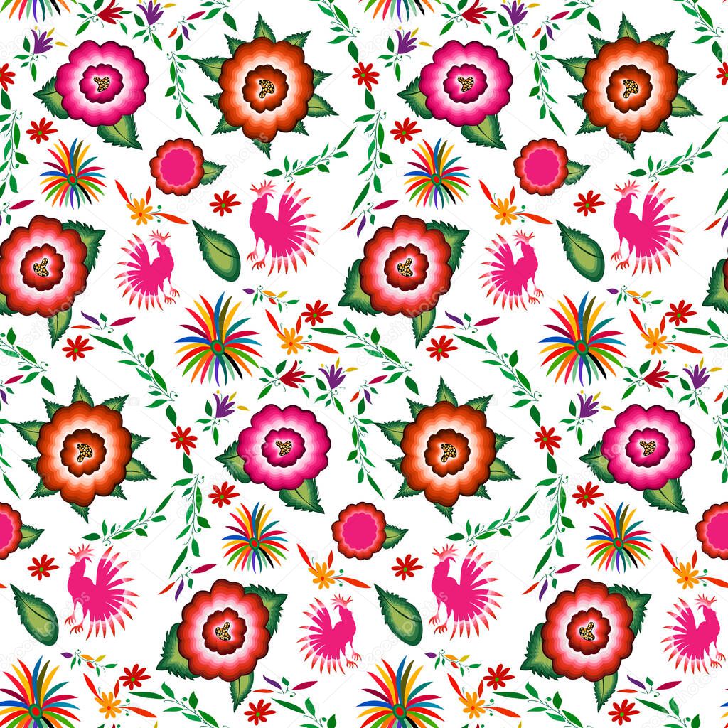 Seamless Mexican floral embroidery pattern, colorful native flowers folk fashion design. Embroidered Traditional Textile Style of Mexico, vector isolated on white background