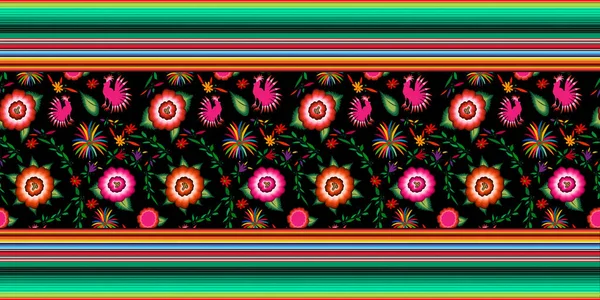 墨西哥无缝花绣花图案 色彩艳丽的土生土长的花卉民俗时装设计 刺绣的墨西哥传统纺织品风格 带条纹的颜色 在黑色背景上孤立的载体 — 图库矢量图片