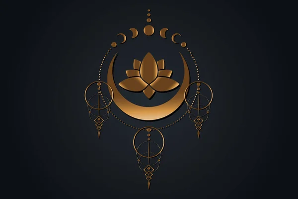 黄金の蓮の花と月 神聖な幾何学 半月異教のウィッカの女神のシンボル ムーンフェイズ古い黄金のウィッカのバナーサイン エネルギーサークル 黒の背景に隔離されたBohoスタイルのベクトル — ストックベクタ