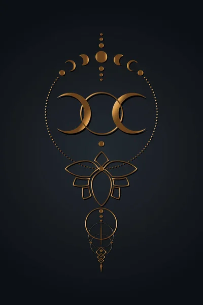 Χρυσό Τρίκλινο Φεγγάρι Ιερή Γεωμετρία Παγανιστικό Σύμβολο Θεάς Των Γουίκαν — Διανυσματικό Αρχείο
