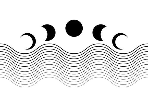 月球相位 几何波 抽象的当代审美背景 黑色纹身的颜色 Boho墙装饰着现代简约主义艺术印刷品 有机天然形状 白色背景下孤立的魔法概念向量 — 图库矢量图片