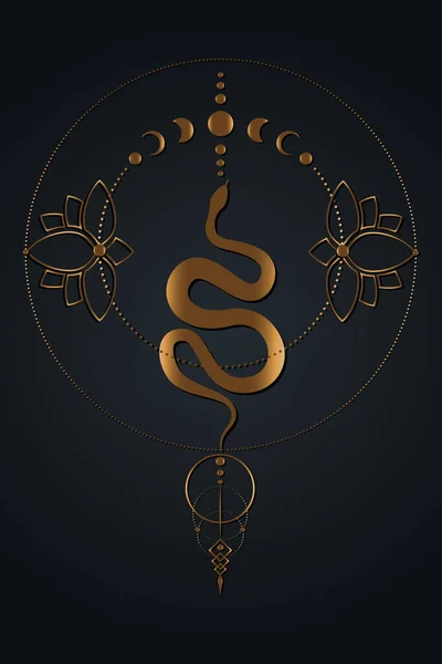神奇的神秘蛇 月亮相 神圣的几何图形 金光闪闪的异教徒巫术女神的象征 古老的金色横幅标志 莲花能量圈 Boho风格 在黑色背景上被隔离的向量 — 图库矢量图片