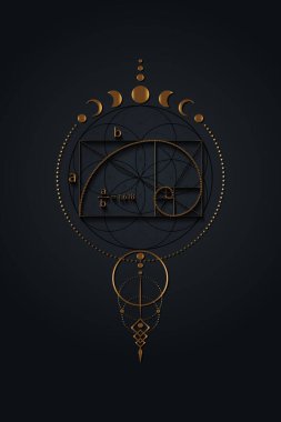 Altın oran, Fibonacci dizi numarası, hayatın mistik çiçeği ve ay evreleri, kutsal geometri. Altın ilahi oranlı wicca bayrağı, enerji çemberleri, siyah arkaplanda izole boho tarzı vektör