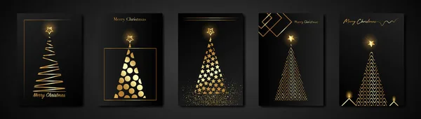 Zestaw Karty Christmas Tree Złota Tekstura Złoty Luksus Czarny Nowoczesne — Wektor stockowy