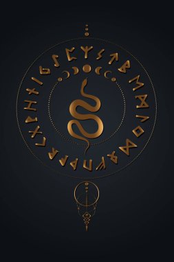Eski İskandinav rünleri. Runik alfabe, Futhark. Altın antik okült Viking harfleri, rün yazı tipi. Eski İskandinav yazısı. Ay evreleri ve yılan. Siyah arkaplanda izole edilmiş vektör