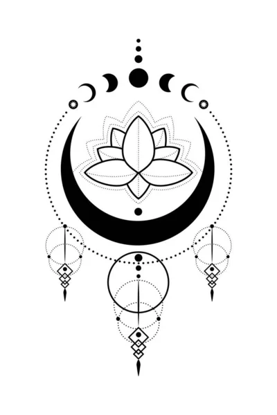 神秘的なムーンフェイズ 蓮の花 神聖な幾何学 トリプルムーン 半月異教のウィッカの女神のシンボル シルエットウィッカのバナーサイン エネルギーサークル 白い背景に隔離されたBohoスタイルのベクトル — ストックベクタ