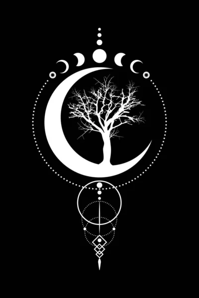 神秘的なムーンフェイズ 生命の木 神聖な幾何学 トリプルムーン 半月異教のウィッカの女神のシンボル シルエットウィッカのバナーサイン エネルギーサークル 黒の背景に隔離されたBohoスタイルのベクトル — ストックベクタ