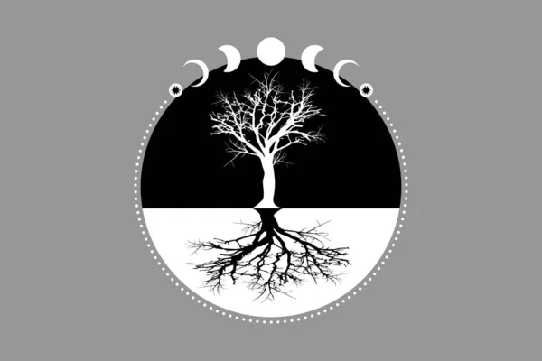 Mystical Moon Phases Tree Life Sacred Geometry Tree Roots Triple — Stock Vector