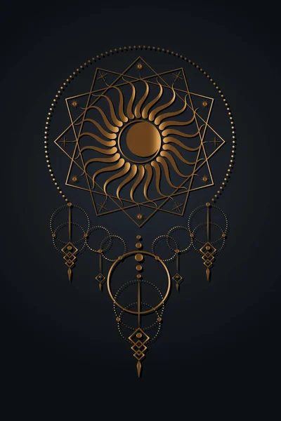 月亮和太阳标识模板 神圣几何 Boho风格 金色巫术图标 径向射线符号 上帝和女神纹身风格的概念 共济会符号 矢量隔离在黑色背景 — 图库矢量图片