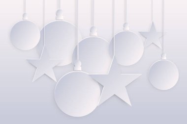 Beyaz kâğıtlı Noel topları ve yıldızlı arka plan. Kağıt kesimi biçimi boş şablon. Mutlu Noeller ve mutlu yeni yıl afişleri
