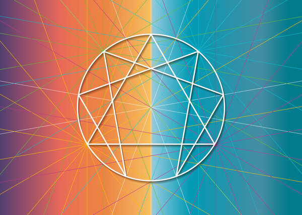 Значок эннеаграммы, сакральная геометрия, шаблон логотипа диаграммы, универсальные энергетические символы векторные иллюстрации изолированы на красочном фоне 