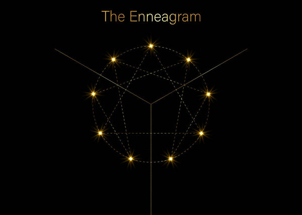 Значок эннеаграммы, золотая роскошь сакральной геометрии, шаблон логотипа диаграммы, от одного до девяти в отношении девяти типов личности, золотой тире стиль векторной иллюстрации изолированы на черном фоне