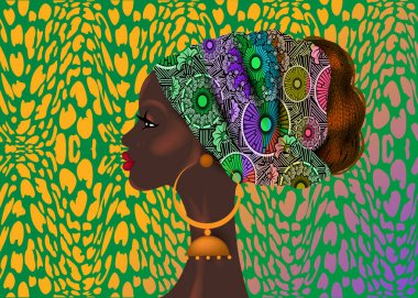 Afro saç stili, balmumu desenli kumaş sarıklı güzel bir Afrikalı kadın, çeşitlilik konsepti. Siyah Kraliçe, afro örgü için etnik baş kravatı ve renkli arka planda izole edilmiş kıvırcık saç vektörü.
