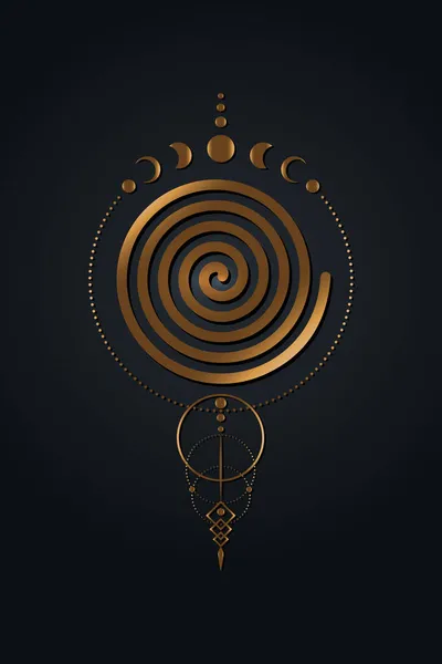 Mystieke Spiraal Maanfasen Heilige Geometrie Goud Logo Goddelijk Vrouwelijke Heidense — Stockvector