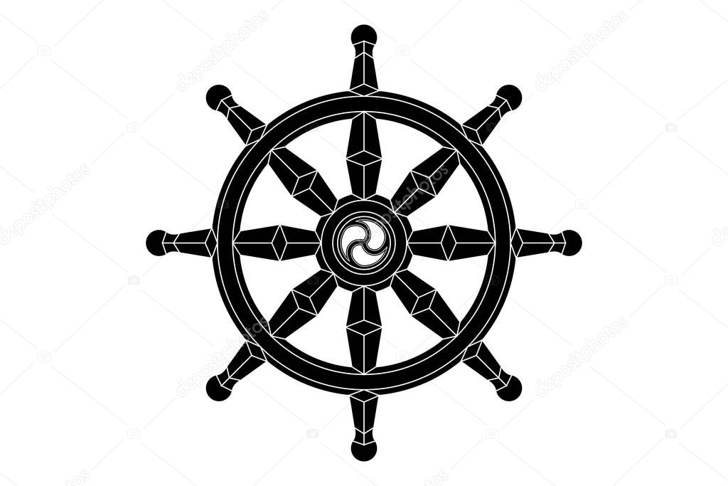Dharma wheel logo icon. Buddhism sacred symbol. Dharmachakra. Vector illustration isolated on white background 