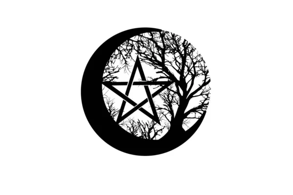 Mystieke Maan Levensboom Wicca Pentakel Heilige Geometrie Logo Crescent Maan — Stockvector