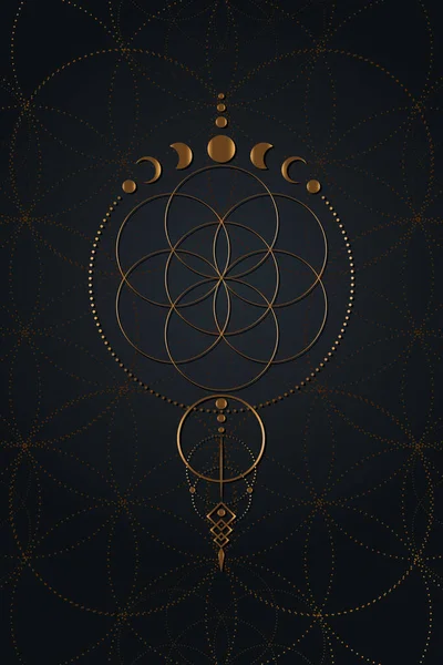 生命と月相 神聖な幾何学の神秘的な花 人生の金の種 パガンウィッカの女神のシンボル 古い黄金のウィッカのバナーサイン エネルギーサークル 黒の背景に隔離されたBohoスタイルのベクトル — ストックベクタ
