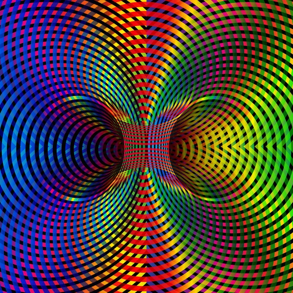 虫孔光学幻象发亮 双虫孔色谱梯度 抽象催眠迷幻隧道空间 多色扭曲矢量幻象3D光学艺术背景 — 图库矢量图片