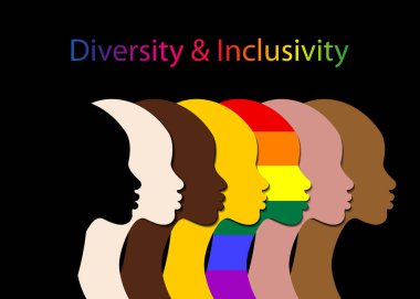 Kapsama ve çeşitlilik. İnsanların siluetleri ve LGBTQ + set, insanlar web sitesi için vektör logosu portresi, banner gay gurur konsepti, siyah arkaplanda izole edilmiş renkli gökkuşağı işareti vektörü 