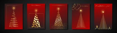 Kartları ayarlayın Noel Ağacı altın dokusu, altın lüks kırmızı modern zemin, altın vektör stilize Mutlu Noeller, bayram simgesi konulu geometrik dekorasyonlu kış tatili davetiyeleri