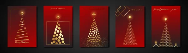 Set Cards Árbol Navidad Textura Oro Oro Lujo Rojo Moderno — Vector de stock