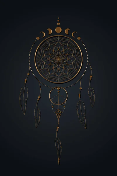 Λεπτομερής Dreamcatcher Στολίδι Μαντάλα Και Φάσεις Σελήνης Gold Mystic Σύμβολο — Διανυσματικό Αρχείο