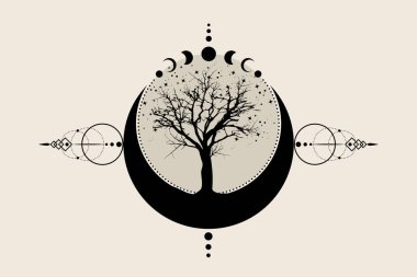 Kutsal ağaç ve hilal ay. El çizimi mistik ay evreleri, yaşam ağacı, kutsal geometri. Wicca bayrağı eski işareti, enerji çemberi, boho biçimi vektörü klasik arkaplanda izole edilmiş