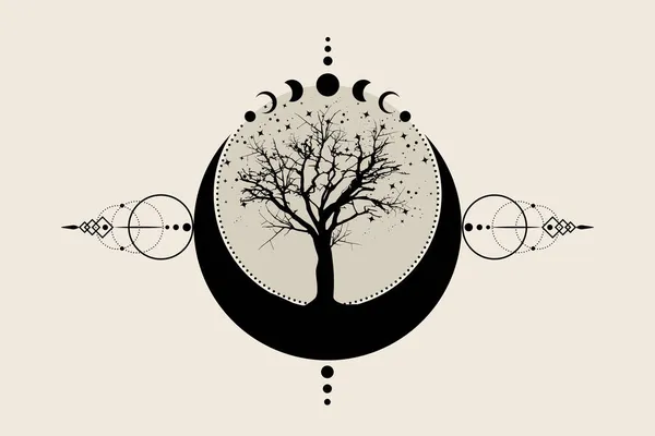 Árbol Sagrado Luna Creciente Fases Lunares Místicas Dibujadas Mano Árbol — Archivo Imágenes Vectoriales