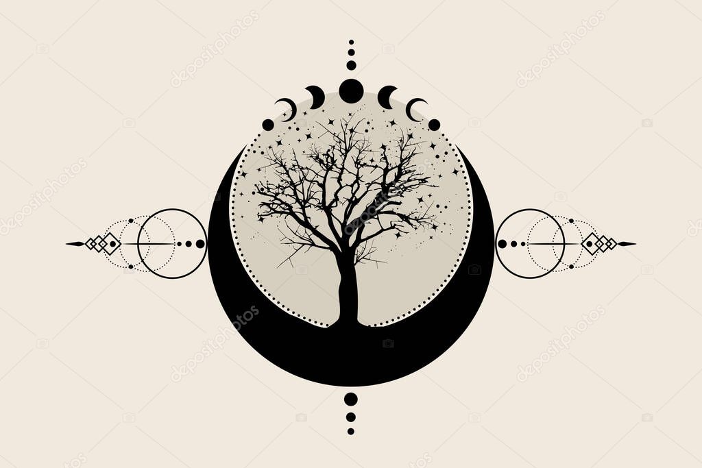 Sacred tree and crescent moon. Hand drawn Mystical Moon Phases, tree of life, Sacred geometry. Wicca banner old sign, energy circle, boho style vector isolated on vintage background