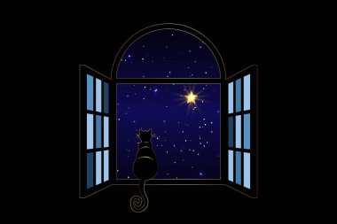 Geceleri pencerede oturan kara kedi gece gökyüzüne ve parlayan yıldızlara bak, Sirius yıldızı, vektör çizimi