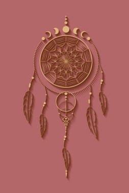 Mandala süsü ve ay evreleriyle detaylandırılmış düş kapanı. Altın Mistik sembolü, yerli Amerikan boho tasarımlı etnik sanat, eski pembe arka planda izole edilmiş vektör.