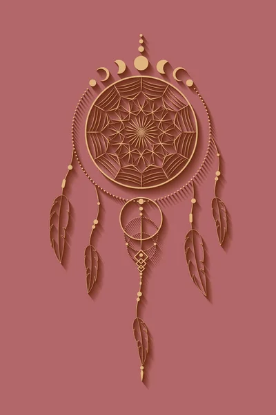 详细的捕梦人与曼陀罗装饰和月相 金色神秘符号 民族艺术与土著美洲印第安人Boho设计 向量分离于古老的粉红背景 — 图库矢量图片