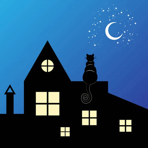 Gatto Nero Seduto Sul Tetto Notte Guardare Luna Crescente Notte — Vettoriale Stock