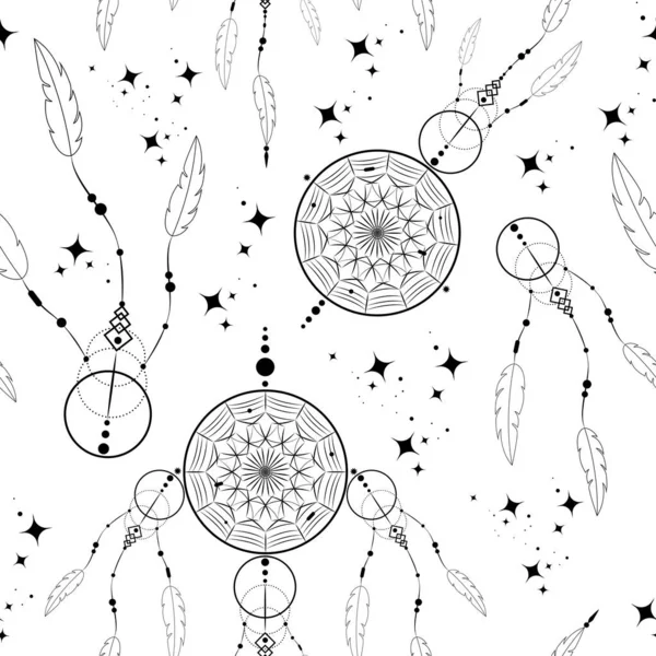 Dreamcatcher Doodle Padrão Sem Costura Ornamento Mandala Estrelas Mágicas Símbolo — Vetor de Stock