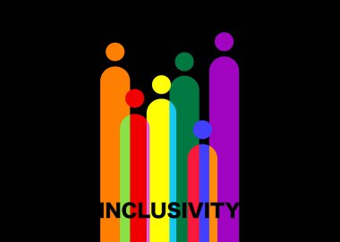 Kapsama ve çeşitlilik. İnsanların siluetleri ve LGBTQ + set, insanlar web sitesi için renkli simge vektör logosu, banner gay gurur konsepti, siyah arkaplanda izole edilmiş renkli gökkuşağı işareti vektörü 