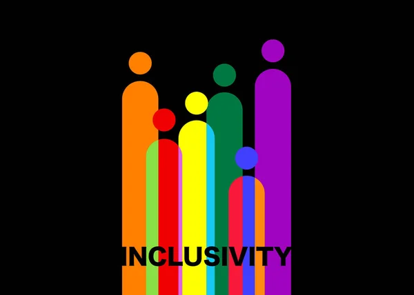 包括性と多様性 人々のシルエットとLgbtq セット ウェブサイトのための人々のカラフルなアイコンベクトルのロゴ バナーゲイの誇りのコンセプト 黒の背景に隔離されたカラフルな虹のサインベクトル — ストックベクタ