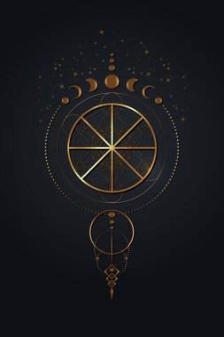 Ay evreli rüya yakalayıcı. Ruh sembolü wicca simya ikonu, Altın Kutsal Geometri, ruhsal işaretin sihirli logosu, boho tarzı. Siyah arkaplanda izole edilmiş vektör altın mandala