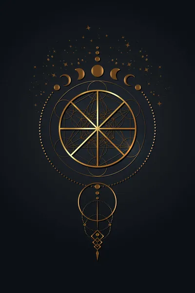사냥꾼 Wicca 알케미 아이콘 황금의 기하학 별자리의 디자인 스타일 바탕에 — 스톡 벡터