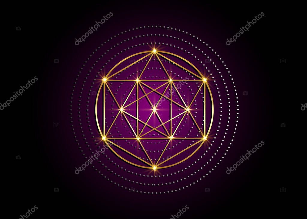 Gold Magic Alchemy symbols, Sacred Geometry. Religion, philosophy, spirituality, occultism concept. Linear triangle with lines and overlapping circles, print vector logo isolated on purple background