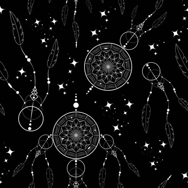 Dreamcatcher Doodle Padrão Sem Costura Ornamento Mandala Estrelas Mágicas Símbolo — Vetor de Stock