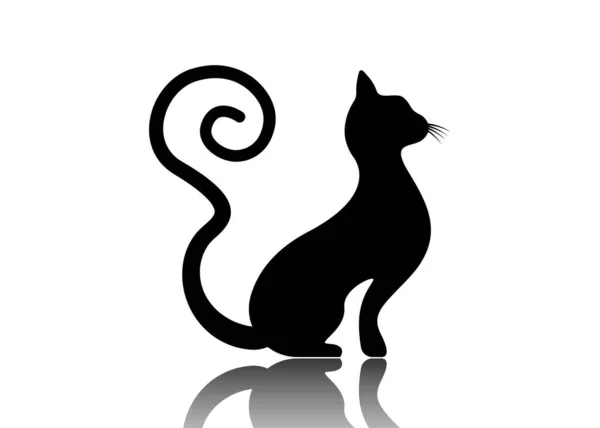 Black Cat Silhouette Curly Tail Feline Animal Logo Template Vector — Stock Vector