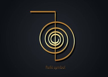 Reiki sembolü Infographic Gold logosu, kutsal bir işaret. Ruhani enerji. Alternatif tıp. Esrarengiz mistik sarmal, siyah arkaplanda izole edilmiş dövme vektörü