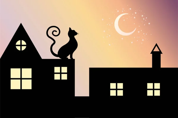 Gato Preto Com Cauda Encaracolada Senta Telhado Noite Olha Para — Vetor de Stock