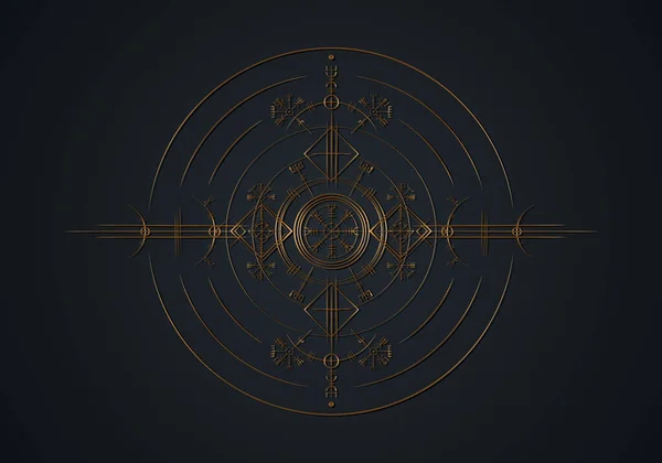 Magie Starověké Viking Art Deco Gold Vegvisir Navigační Kompas Starověké — Stockový vektor